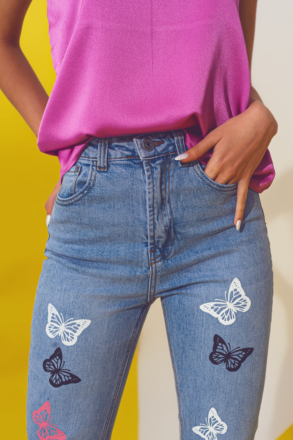 Butterfly Detail Skinny Jeans in Light Blue Wash - Denim