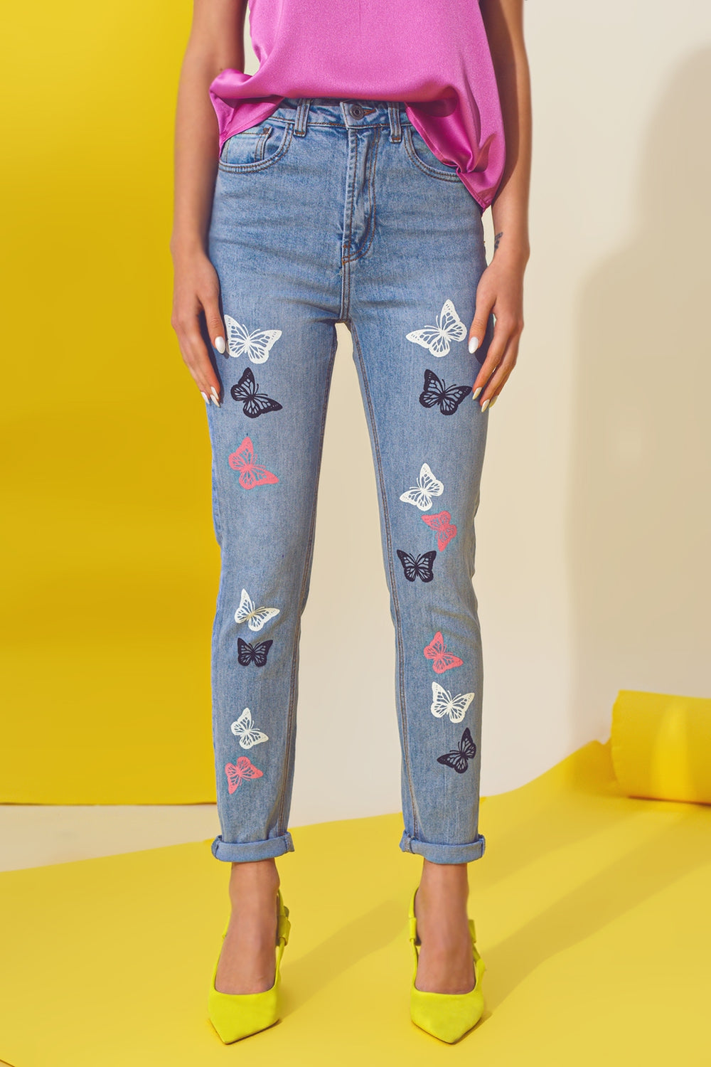 Butterfly Detail Skinny Jeans in Light Blue Wash - Denim