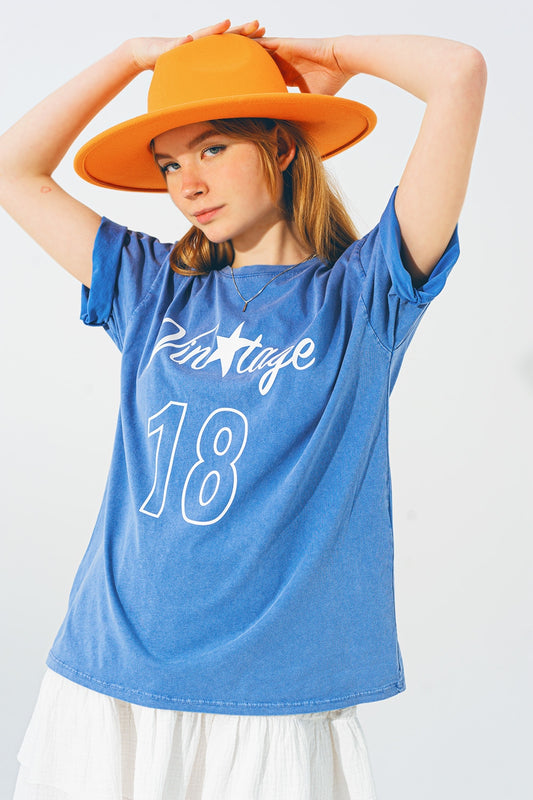 T-Shirt with Vintage 18 Text in Blue - top