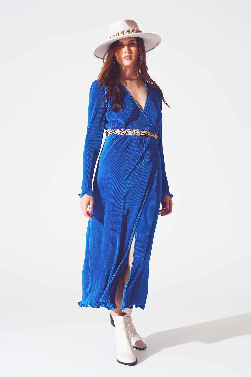 Satin Wrap Detail Pleated Dress in Blue - dress