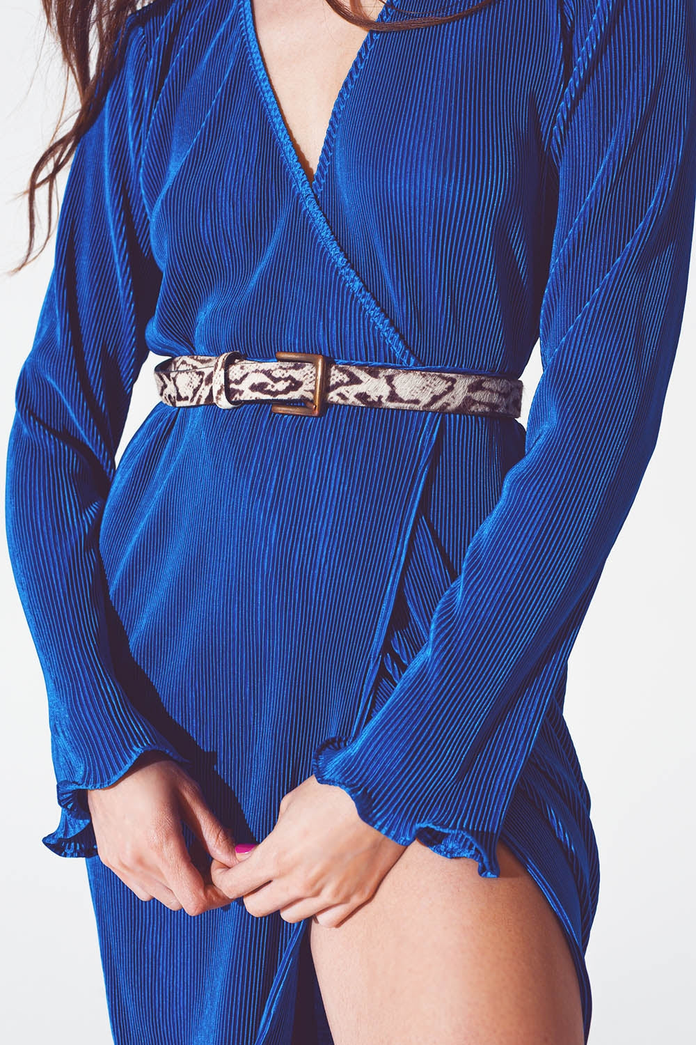 Satin Wrap Detail Pleated Dress in Blue - dress