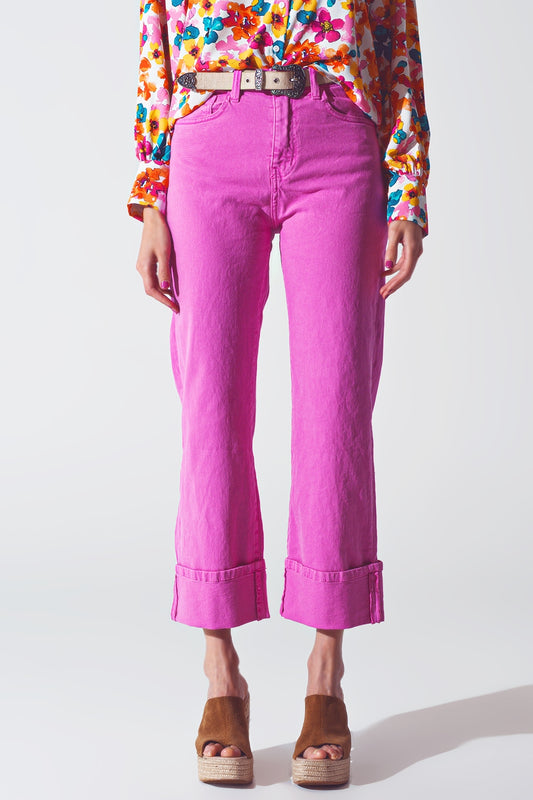 Straight Leg Jeans with Cropped Hem in Fuchsia - Coloured Jeans