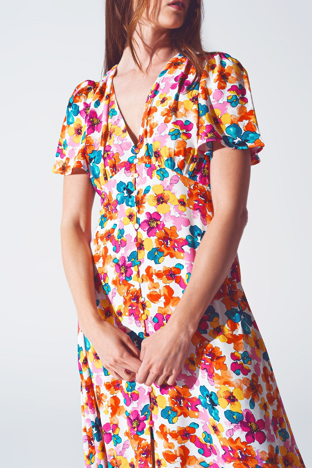 Midi Cinched In Wist Dress In Multicolot Floral Print - dress
