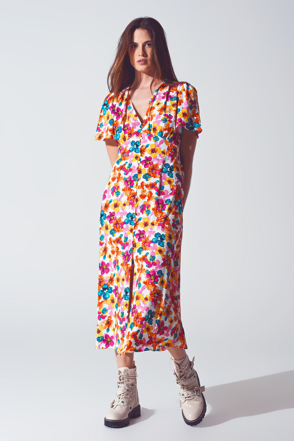 Midi Cinched In Wist Dress In Multicolot Floral Print - dress