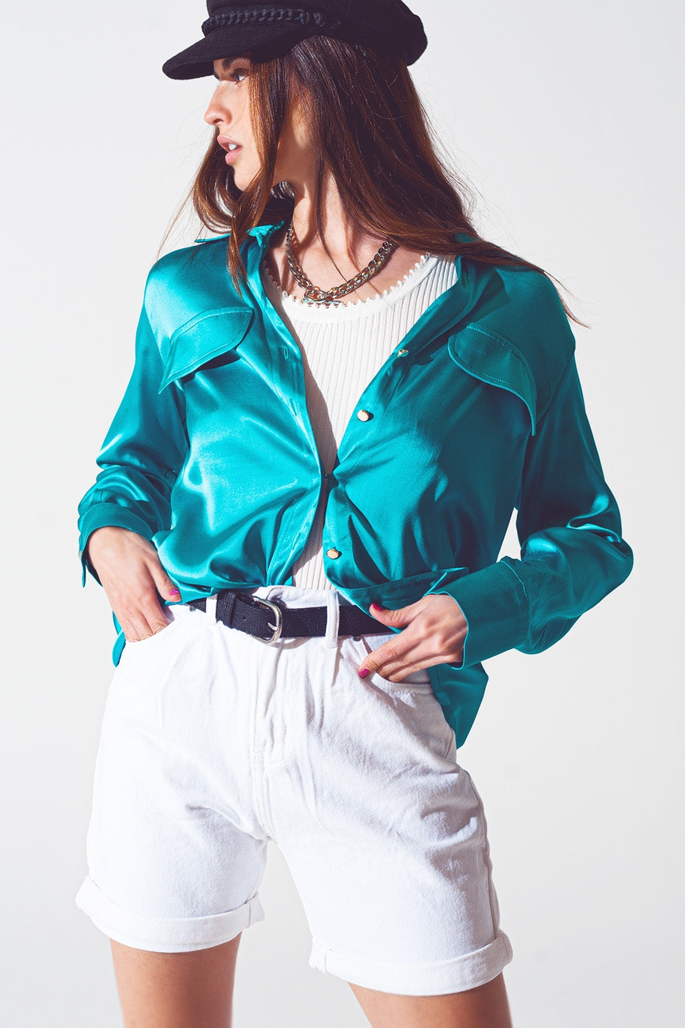 satin blouse in turquoise - Shirts