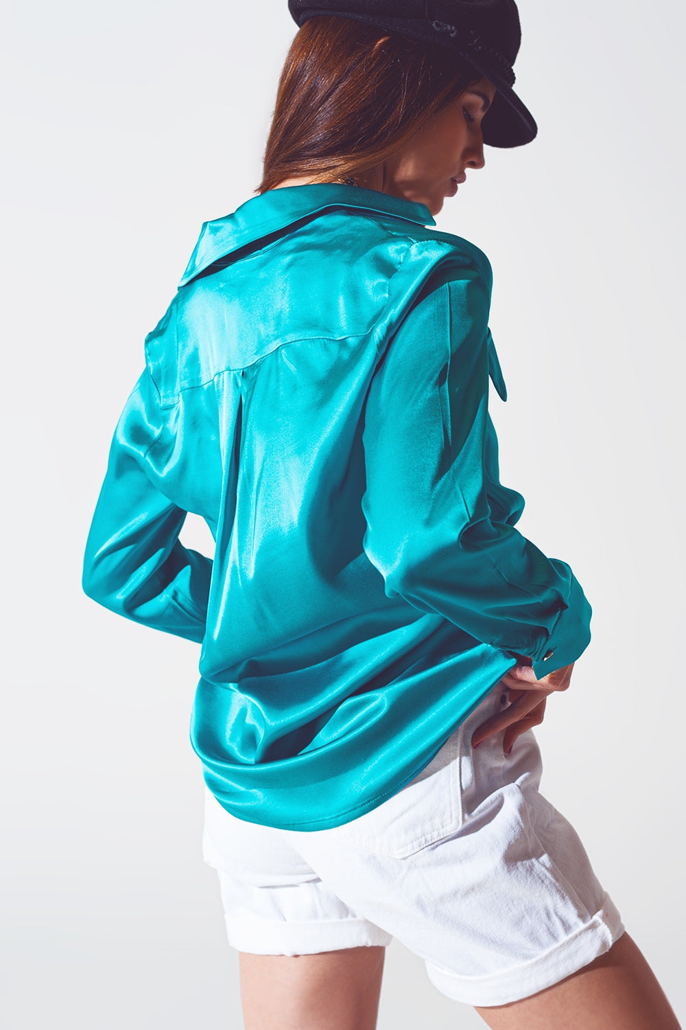 satin blouse in turquoise - Shirts