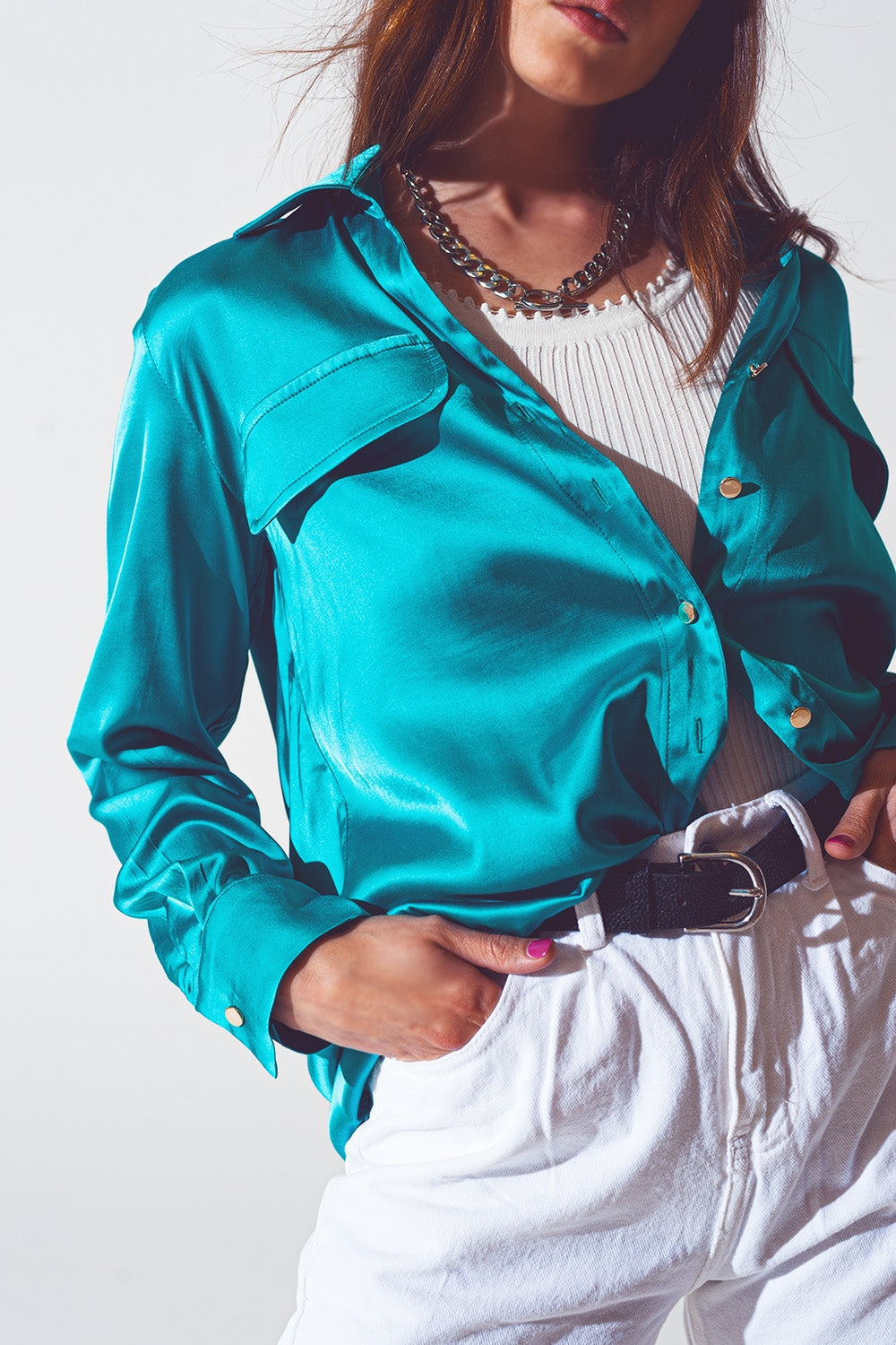 satin blouse in turquoise - Shirts