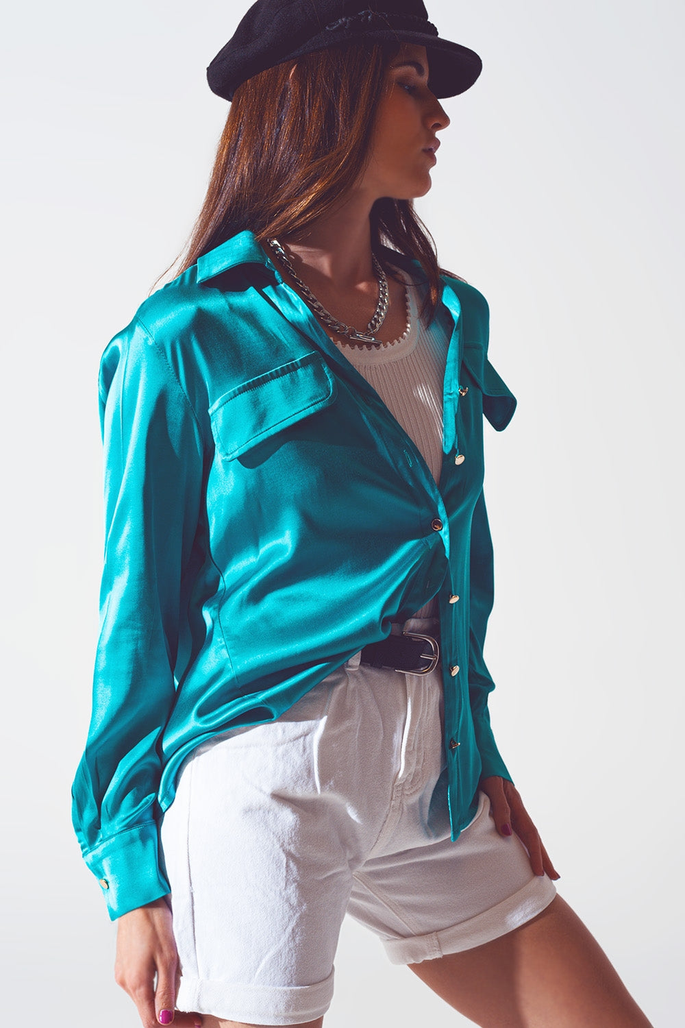 satin blouse in turquoise - Shirts