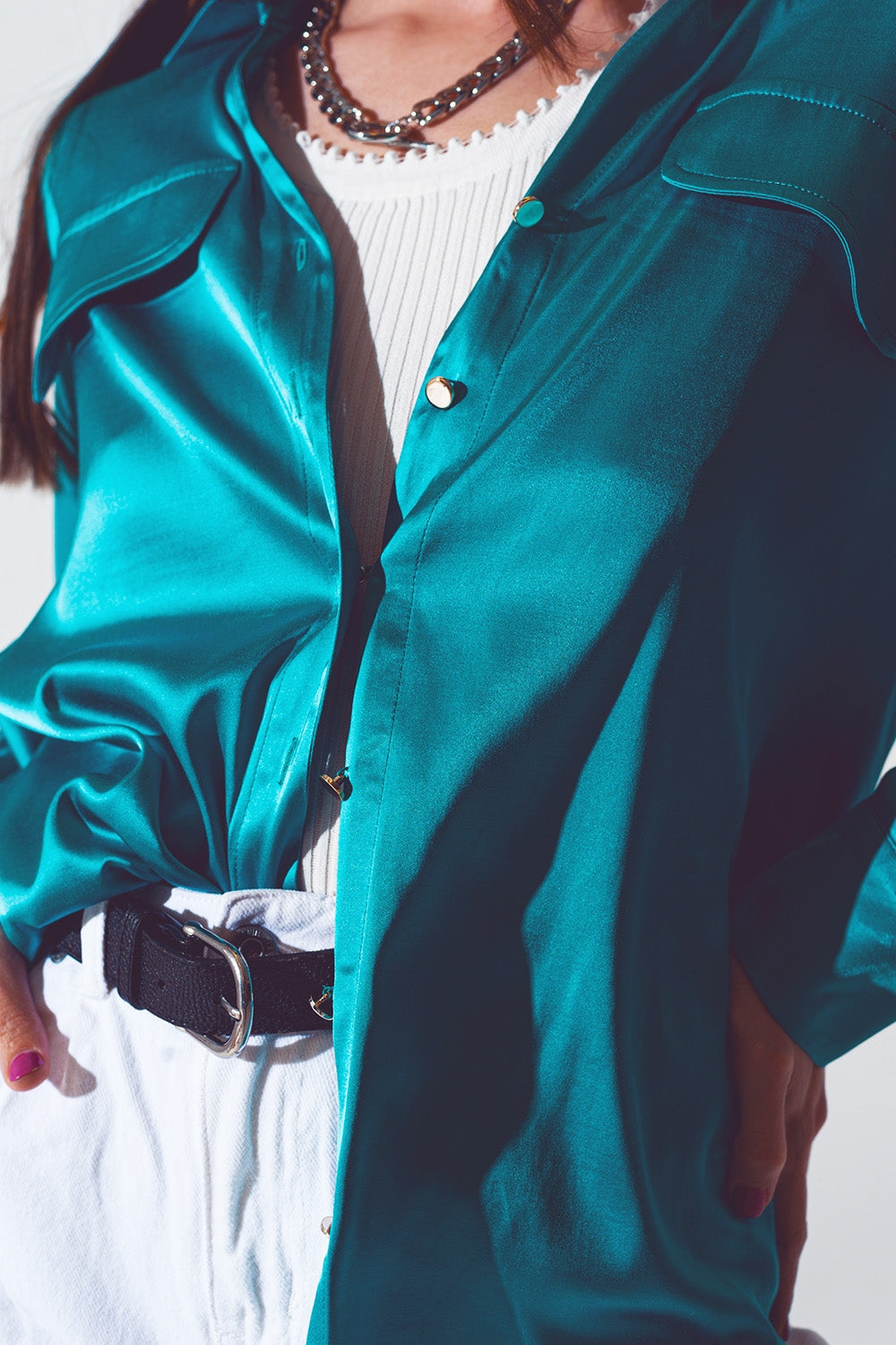 satin blouse in turquoise - Shirts