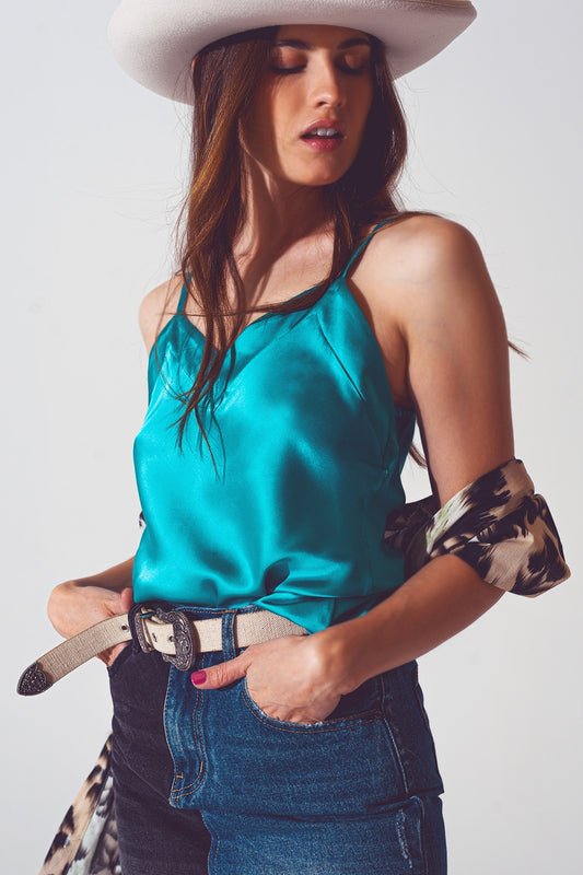 Satin crop top in turquoise - top