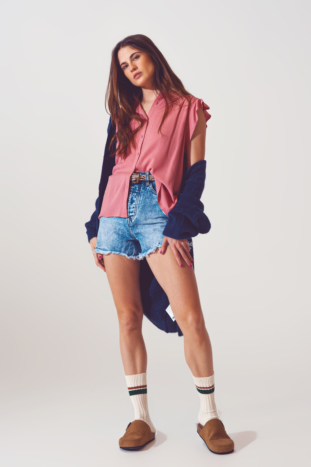 Blouse with frill short sleeve in pink - Shirts