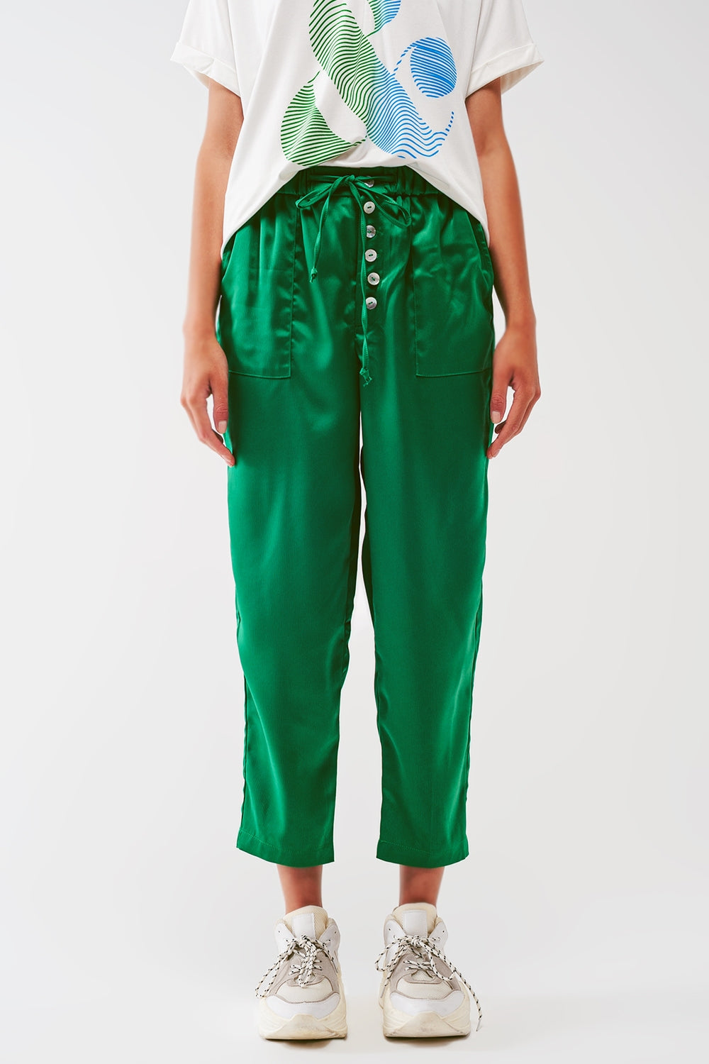 Satin Cropped Pants in Green - trousers