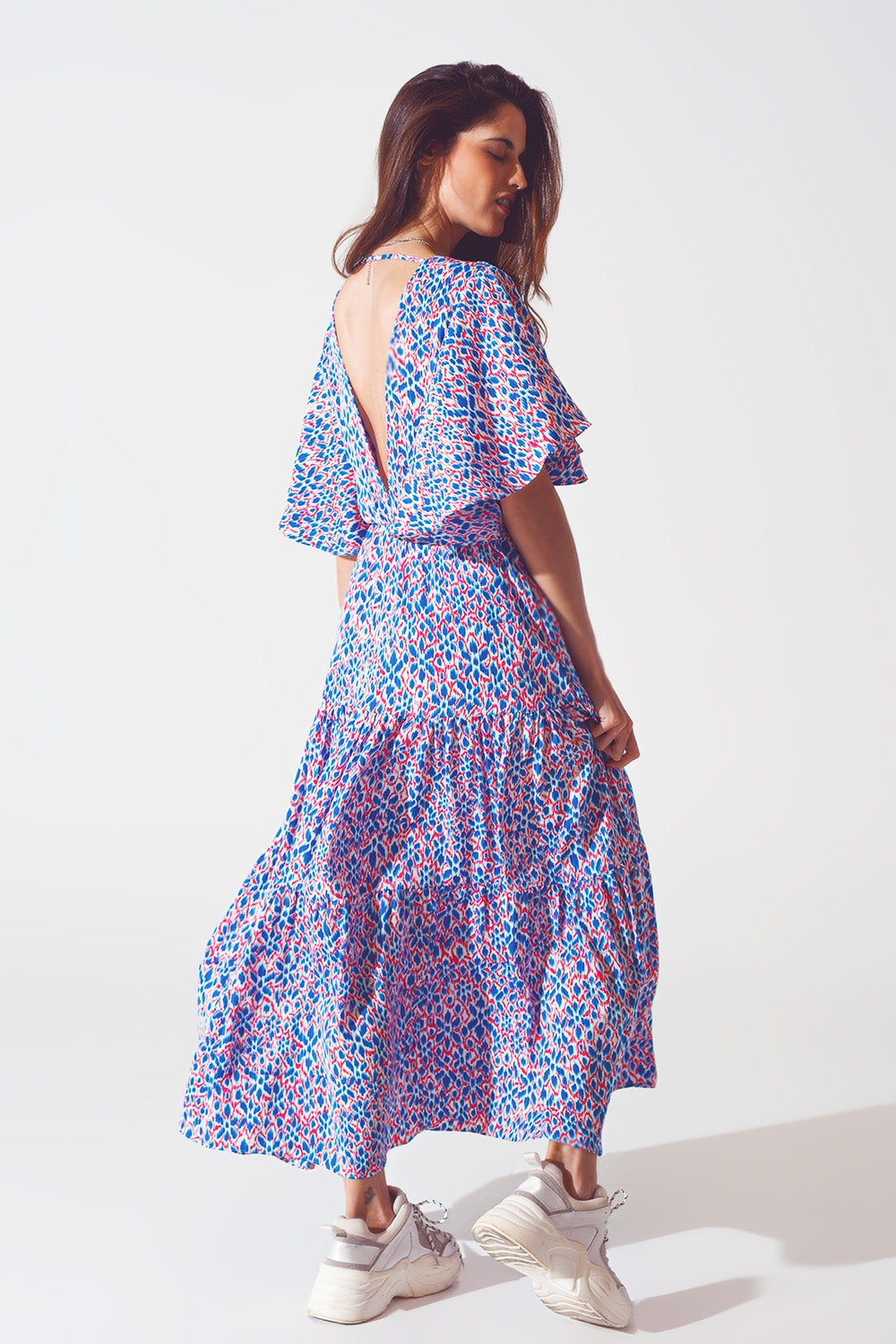 Full Length Dress With Open Tie back in Purple Print - dress