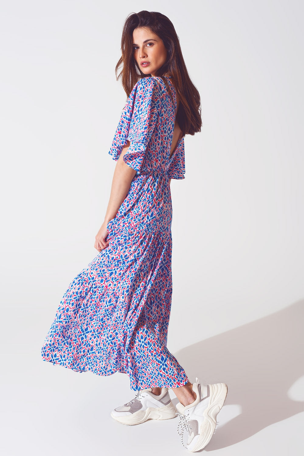 Full Length Dress With Open Tie back in Purple Print - dress