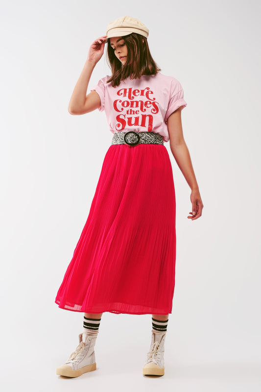 T-Shirt with Here Comes The Sun text in Pink - top