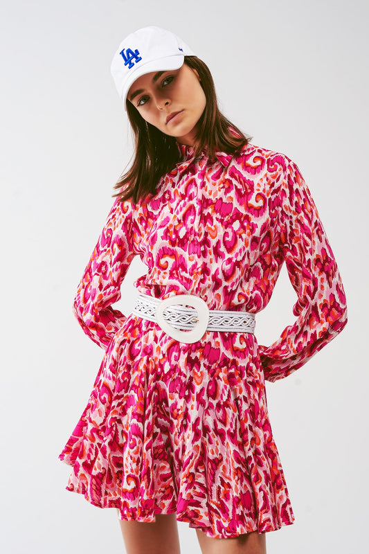 Floral Print Mini Pleated Dress in Pink - dress