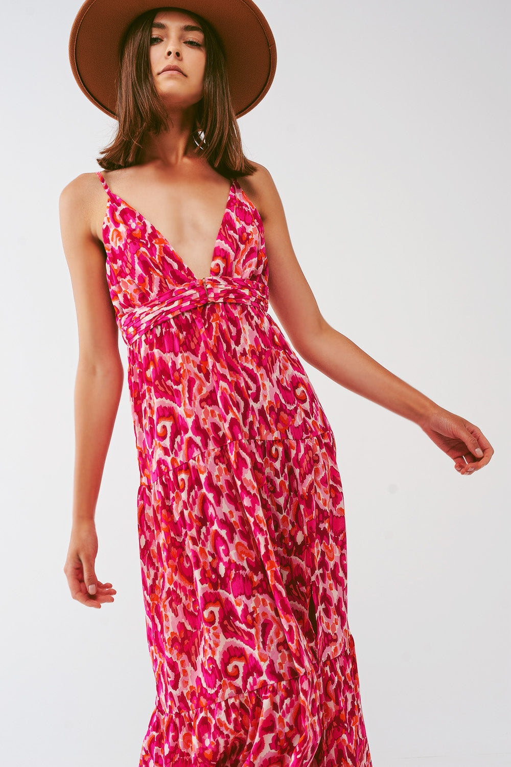 Floral Print Maxi Dress with V neck in Pink - dress