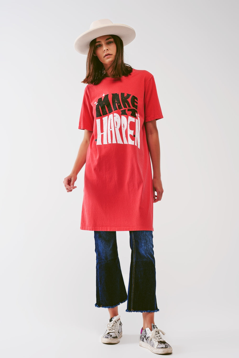 T-shirt Dress with Make It Happen Text in Red - dress