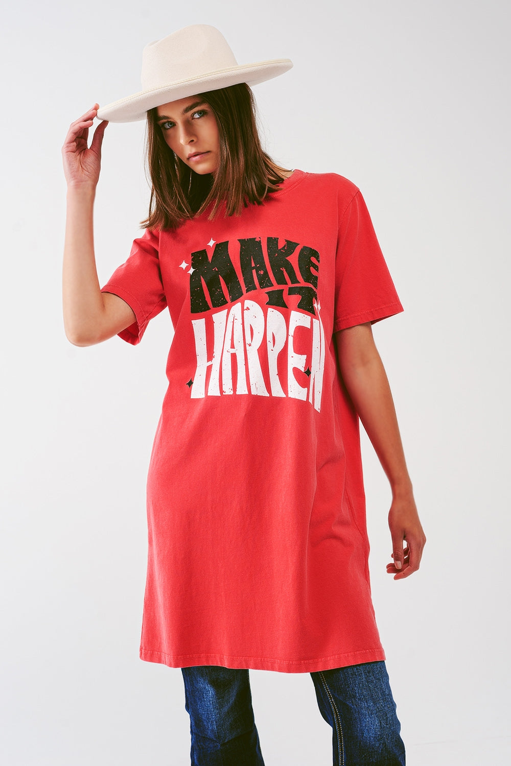T-shirt Dress with Make It Happen Text in Red - dress