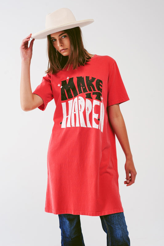 T-shirt Dress with Make It Happen Text in Red - dress