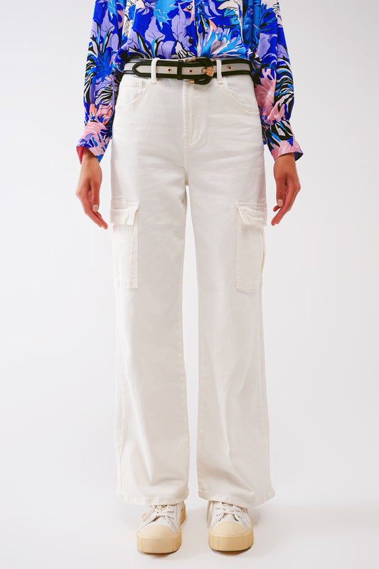 Straight Leg Cargo Jeans in White - Coloured Jeans