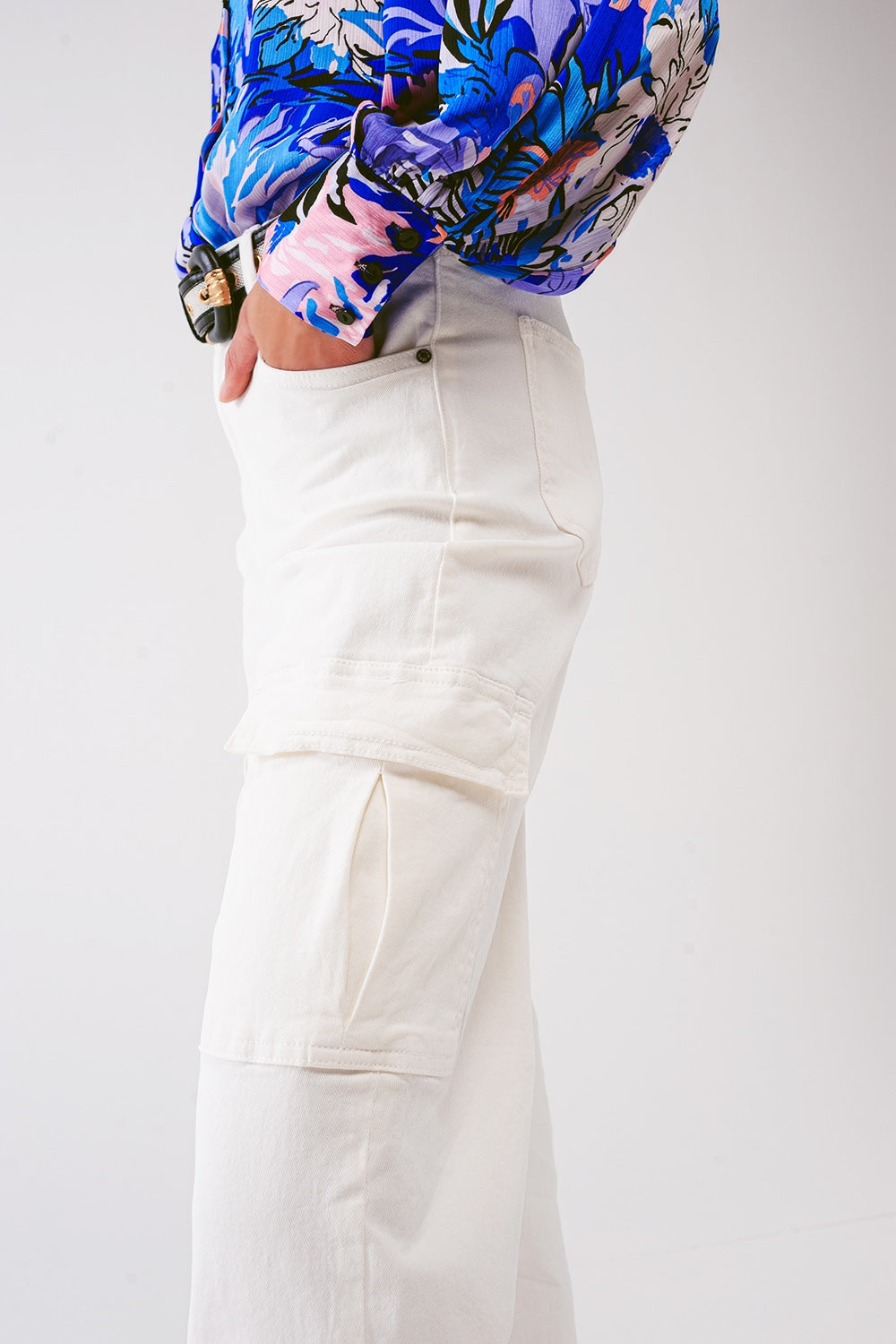 Straight Leg Cargo Jeans in White - Coloured Jeans