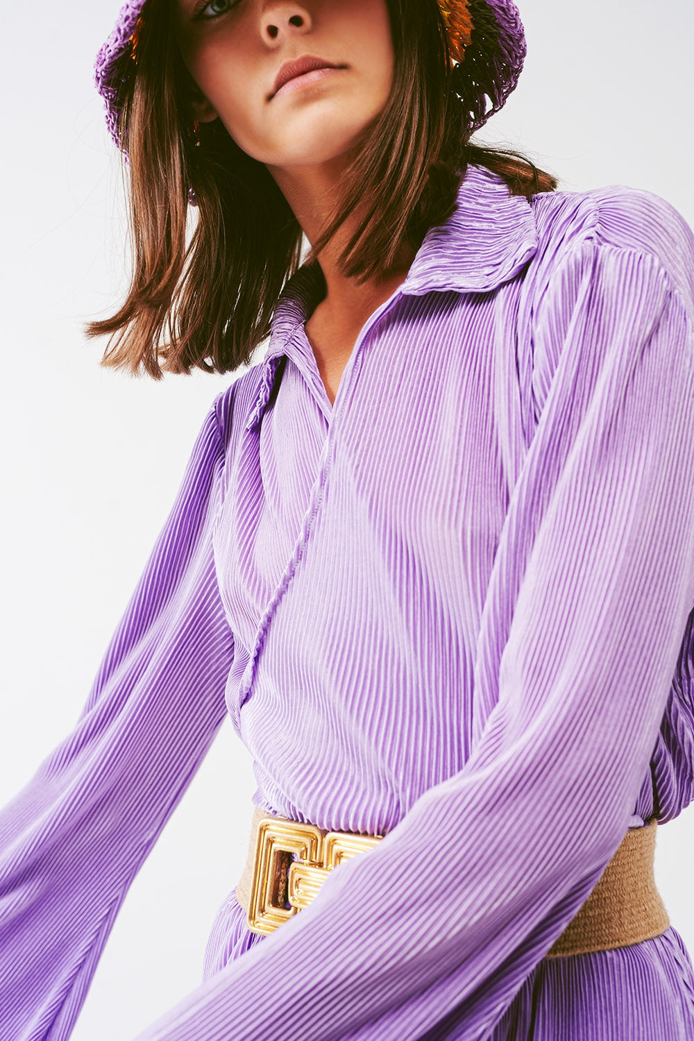 Pleated Satin Wrap Top in lilac