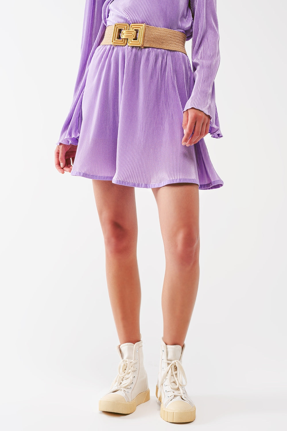 Pleated Satin Mini Skirt in lilac