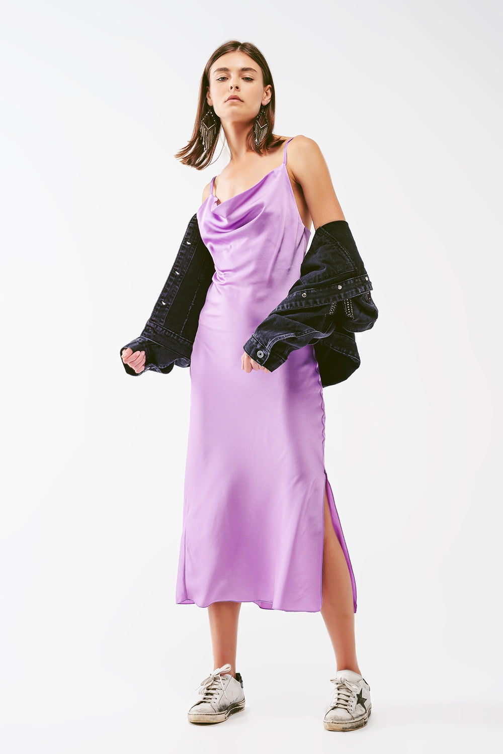 Satin Midi Dress With Cowl Neck in lilac - dress
