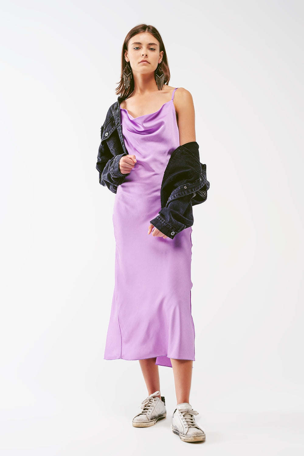 Satin Midi Dress With Cowl Neck in lilac - dress