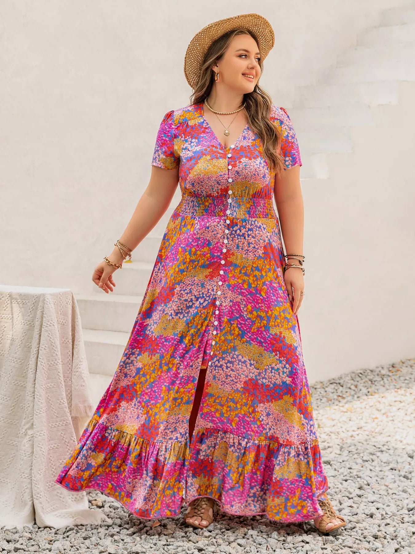 Plus Size Printed V-Neck Short Sleeve Maxi Dress - Dresses