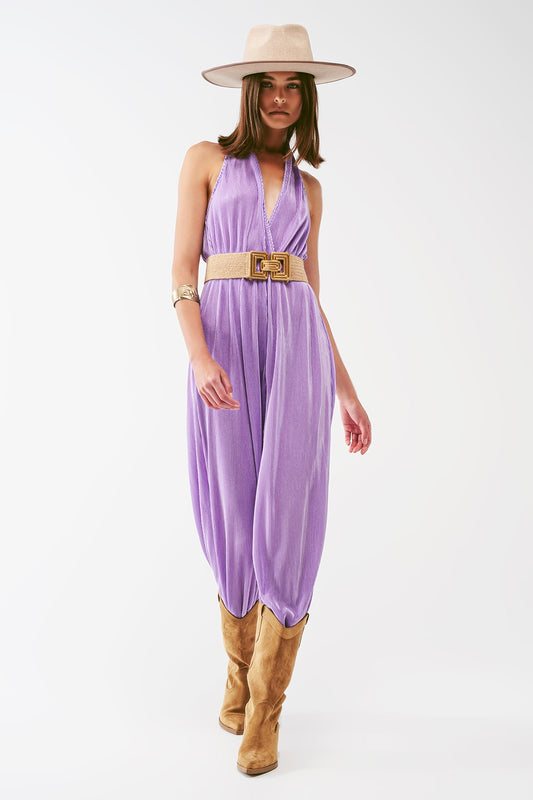 Satin Halter Neck Pleated Maxi Jumpsuit in lilac - jumpsuit