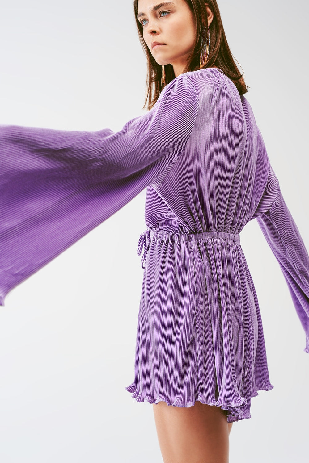 Satin Wrap Deatil Pleated playsuit in lilac