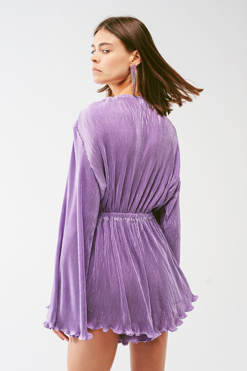 Satin Wrap Deatil Pleated playsuit in lilac