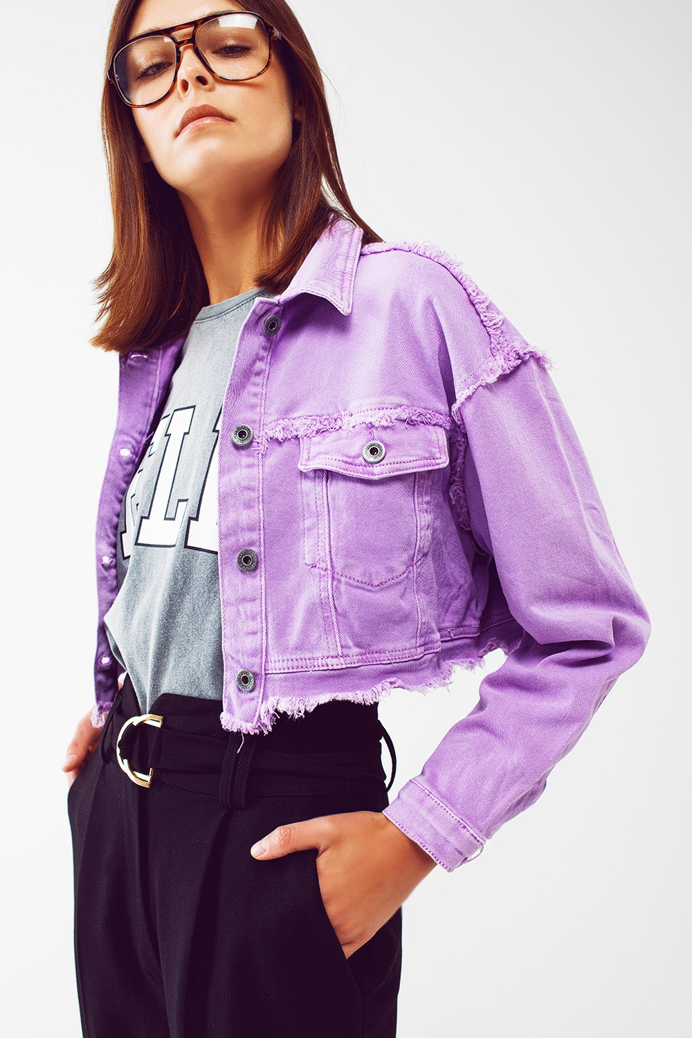Gekürzte Trucker Jacke aus Jeansstoff in purple