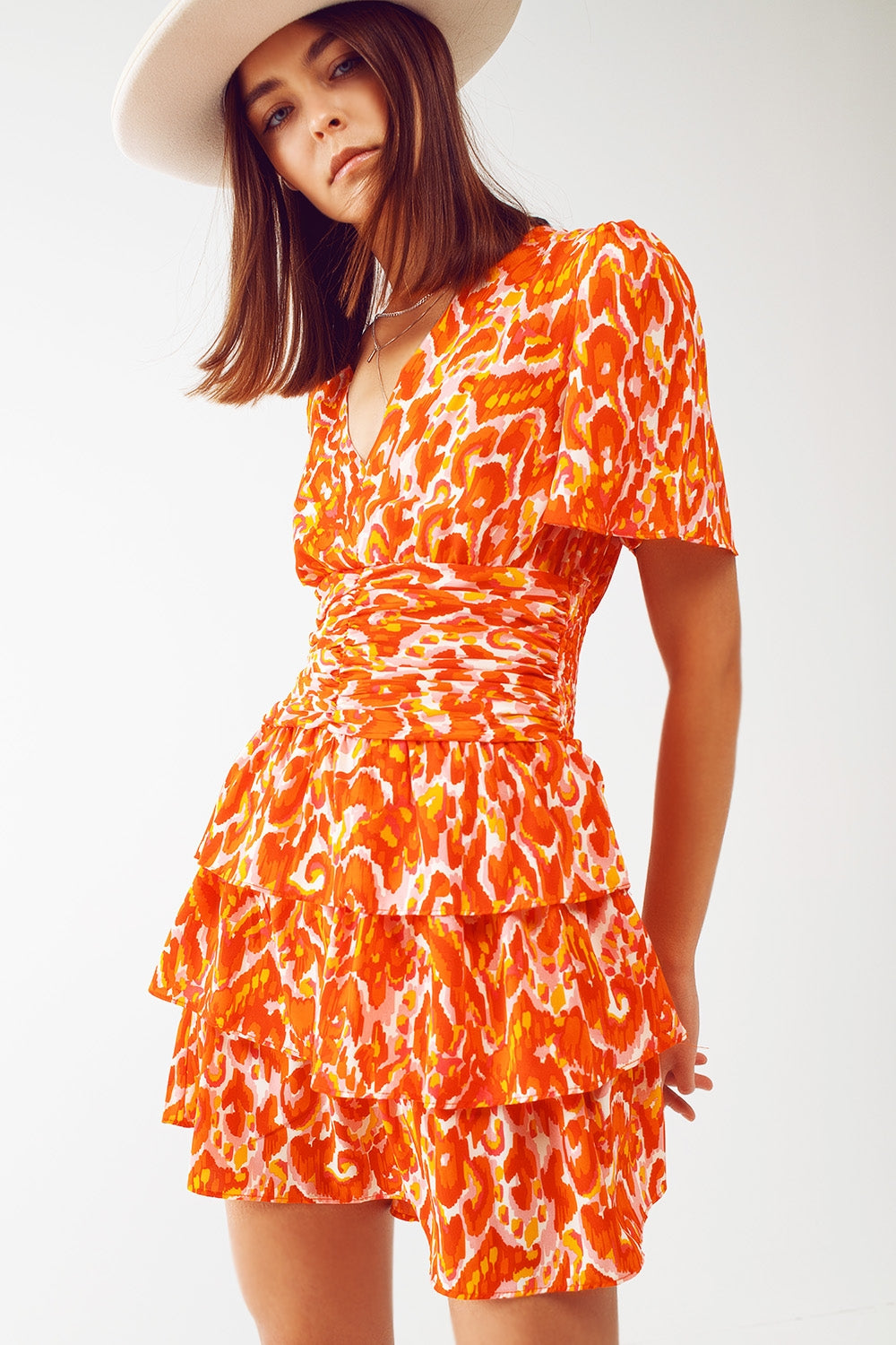 Mini V Neck Dress in Floral Orange Print - dress