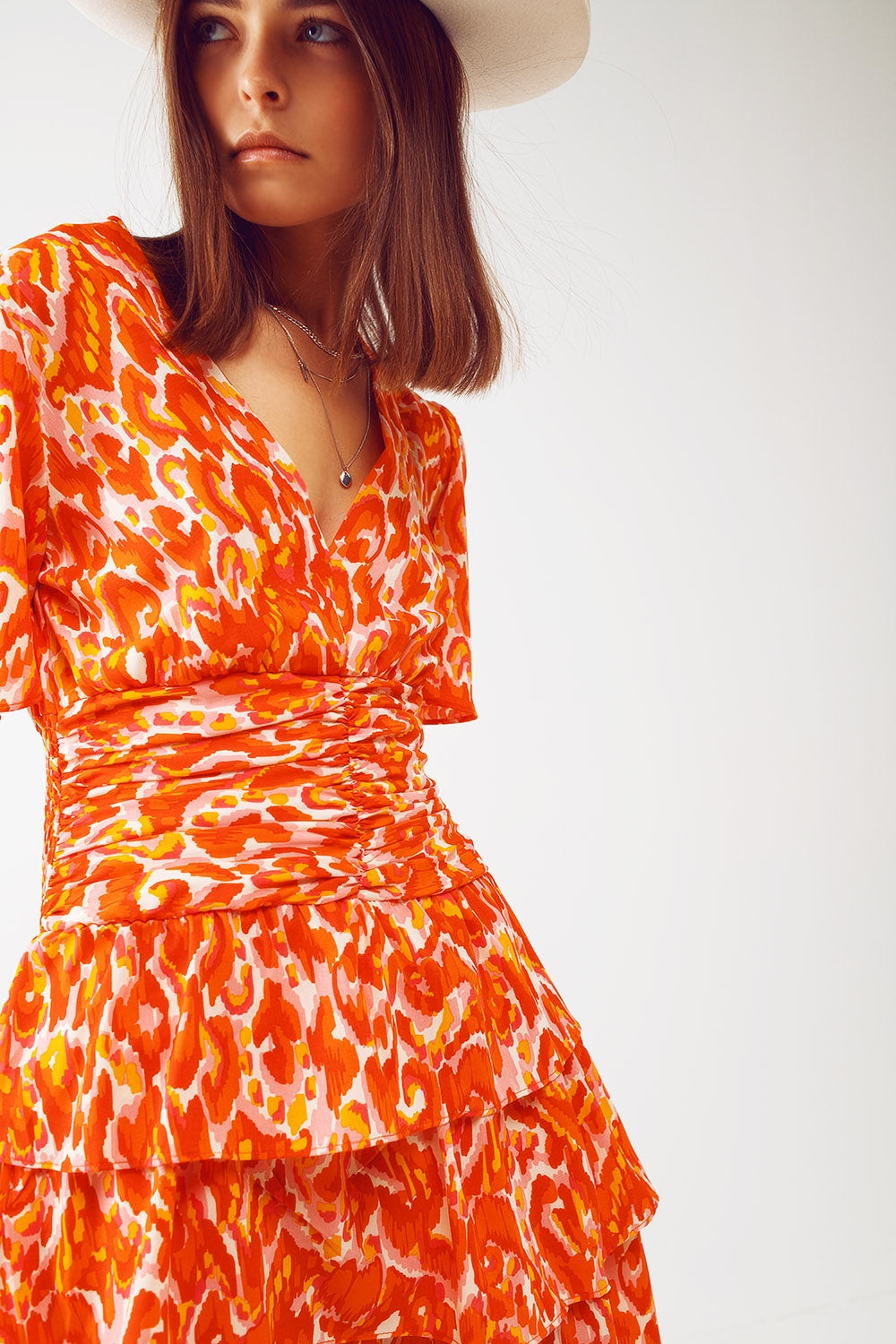 Mini V Neck Dress in Floral Orange Print - dress