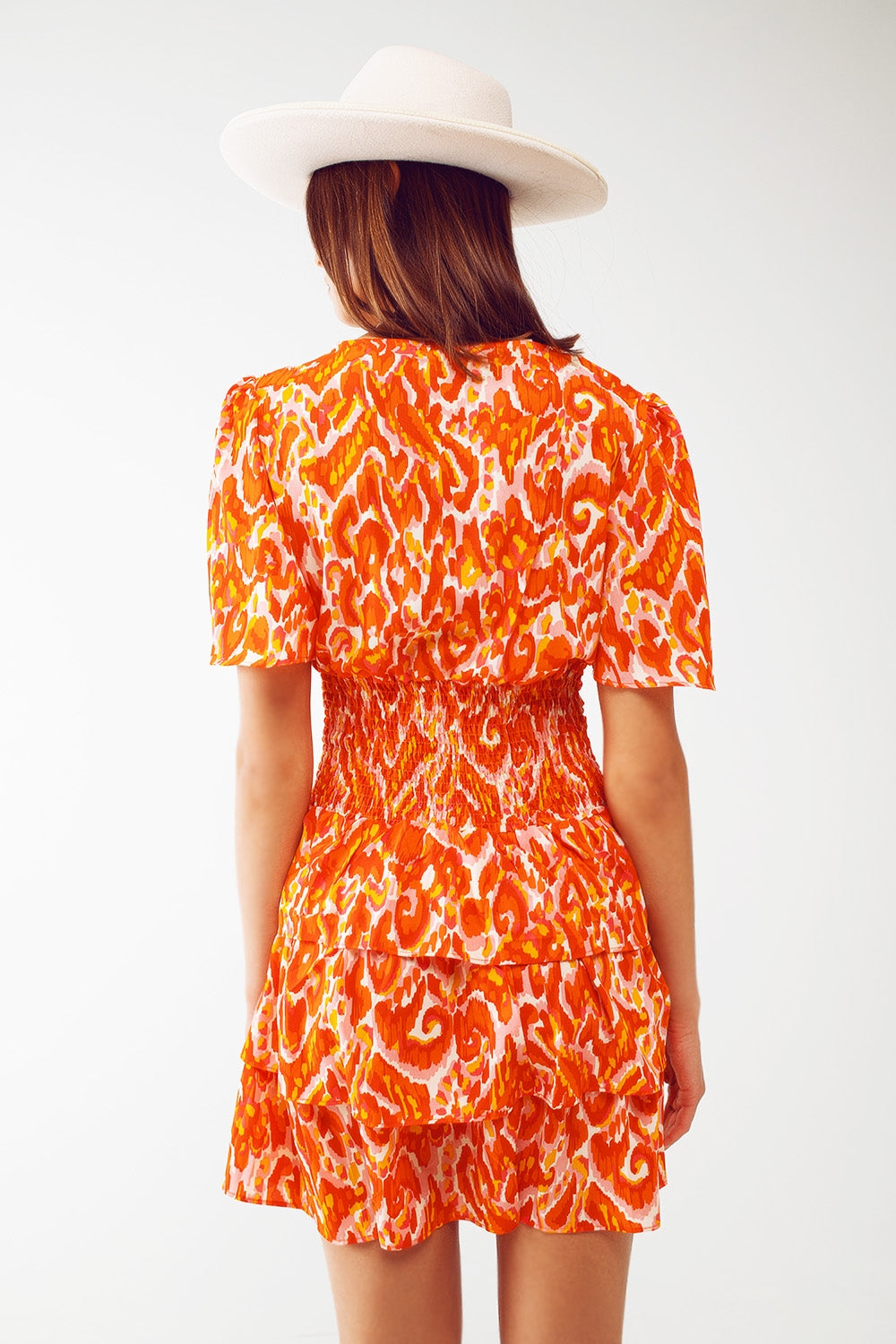 Mini V Neck Dress in Floral Orange Print - dress