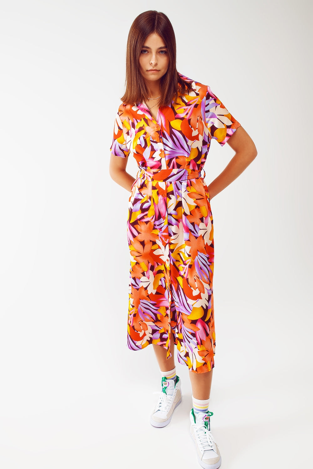 Midi Floral Print Dress in Multicolour - dress