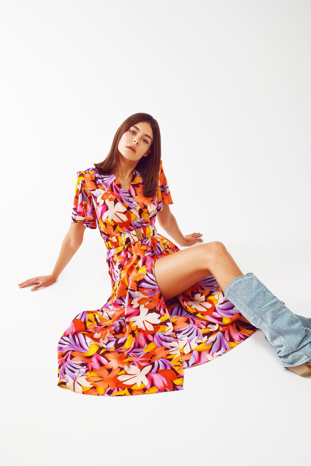 Pleated Maxi V Neck Dress in Multicolour - dress