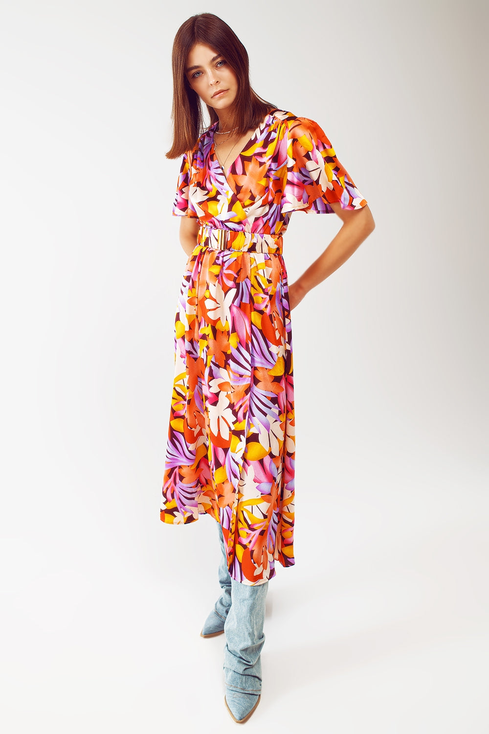 Pleated Maxi V Neck Dress in Multicolour - dress