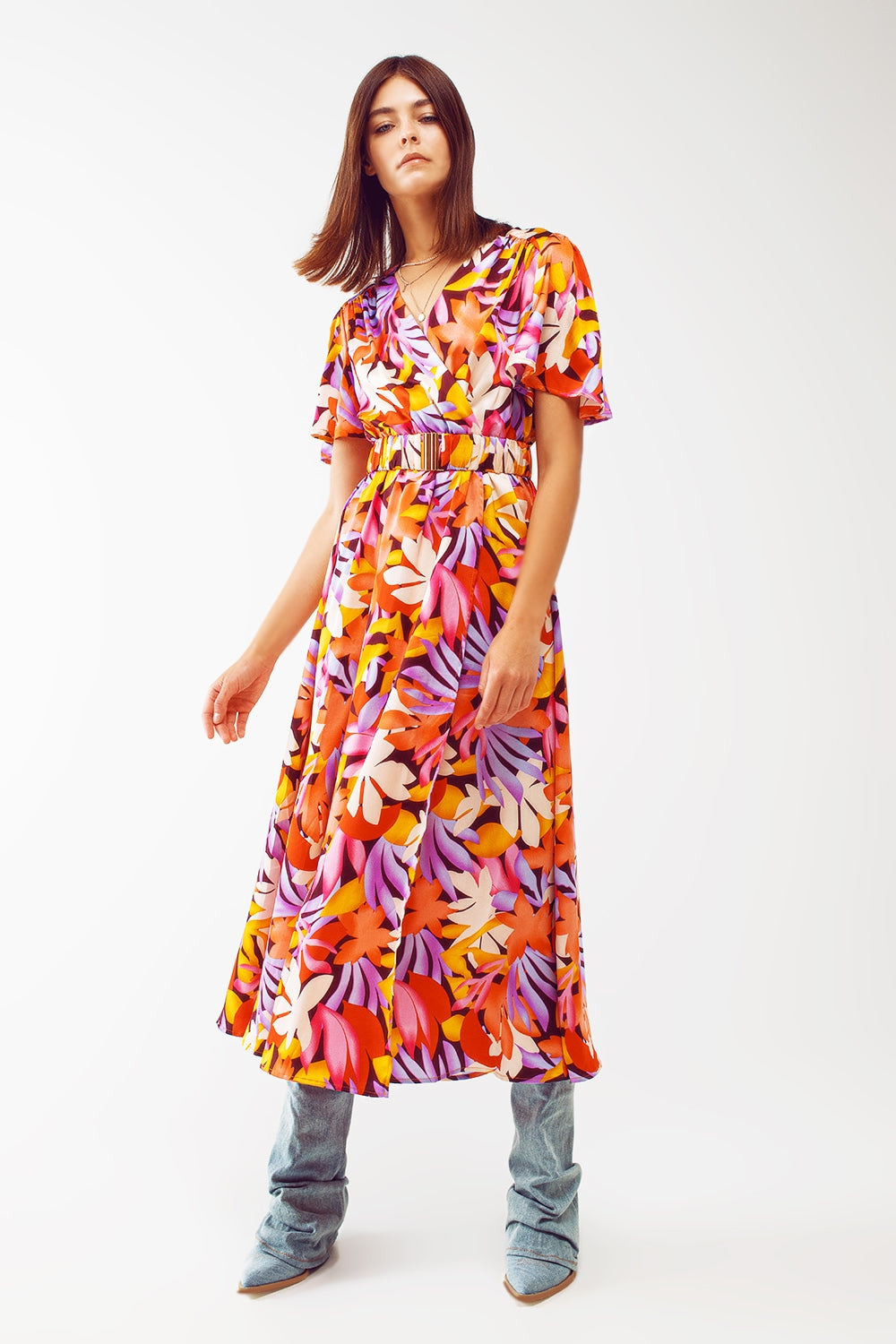 Pleated Maxi V Neck Dress in Multicolour - dress