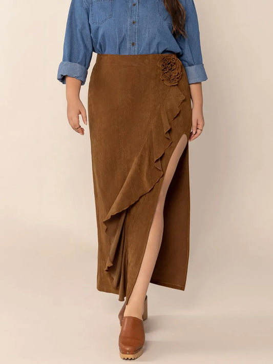 Plus Size Ruffled Slit High Rise Skirt Brown - Skirts
