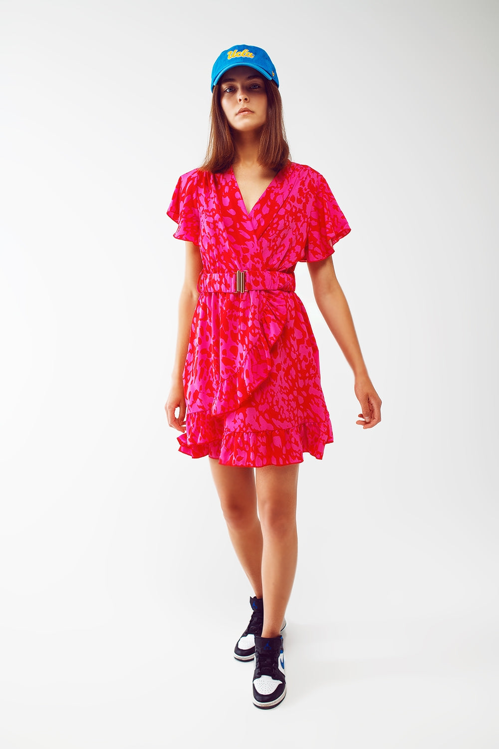 Wrap Belted Animal Print Mini Dress in Fuchsia - dress