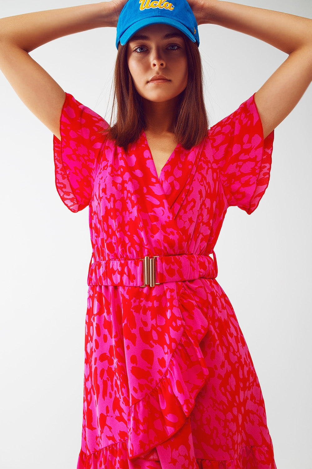 Wrap Belted Animal Print Mini Dress in Fuchsia - dress