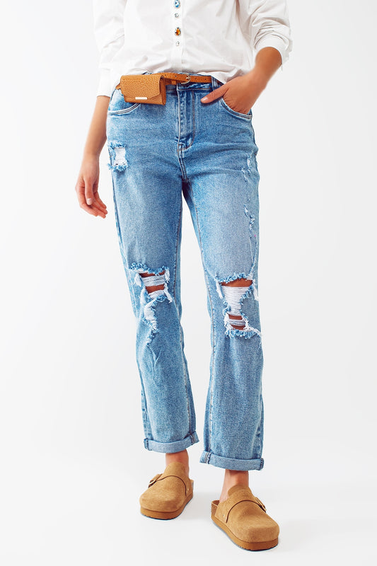 Ripped knee straight leg jeans in light blue wash - Denim