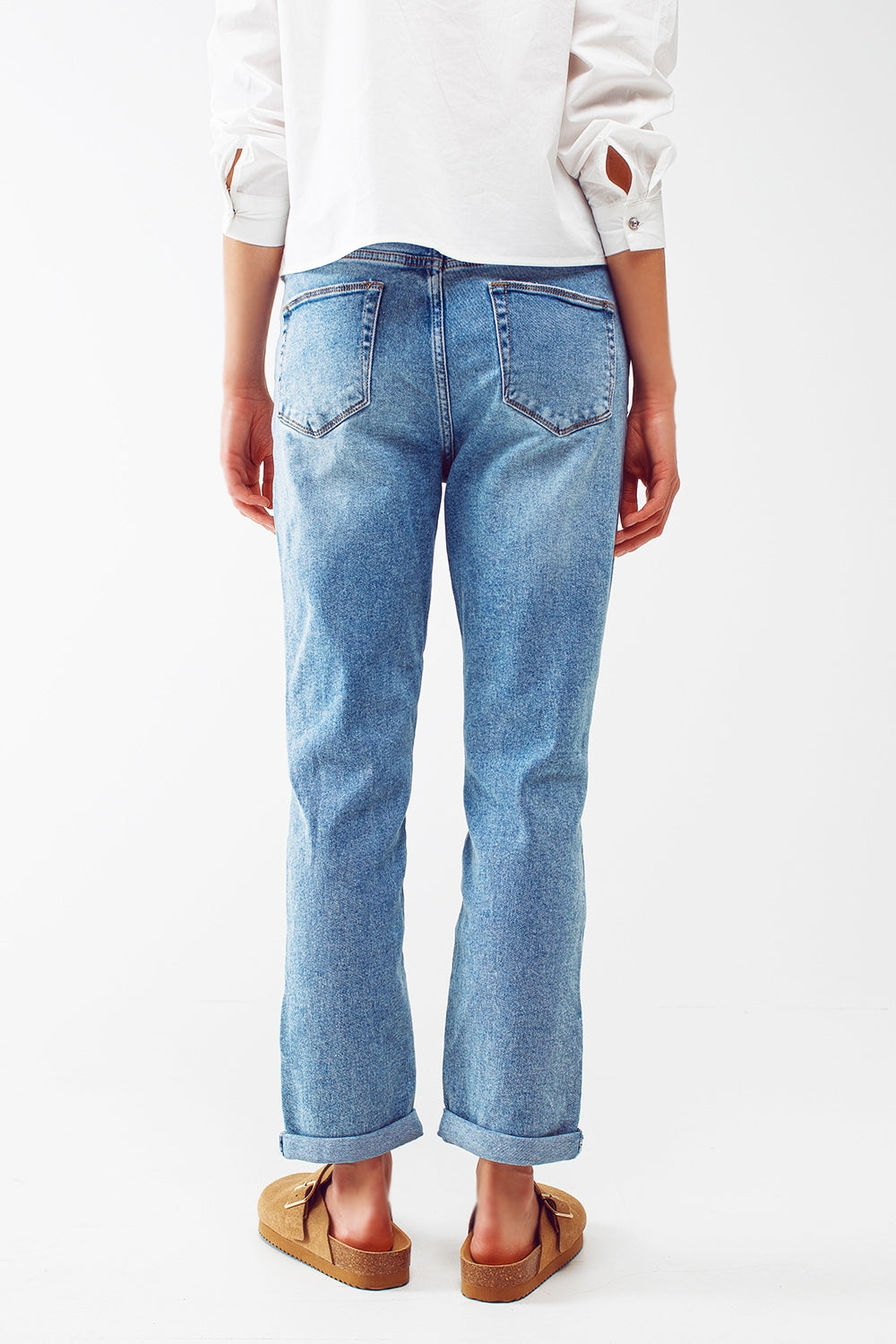 Ripped knee straight leg jeans in light blue wash - Denim
