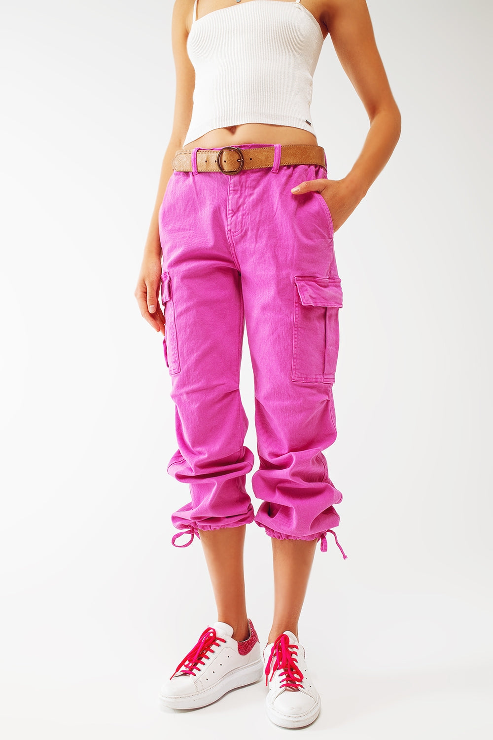Cargo Pants with Tassel ends in Fuchsia - Coloured Jeans