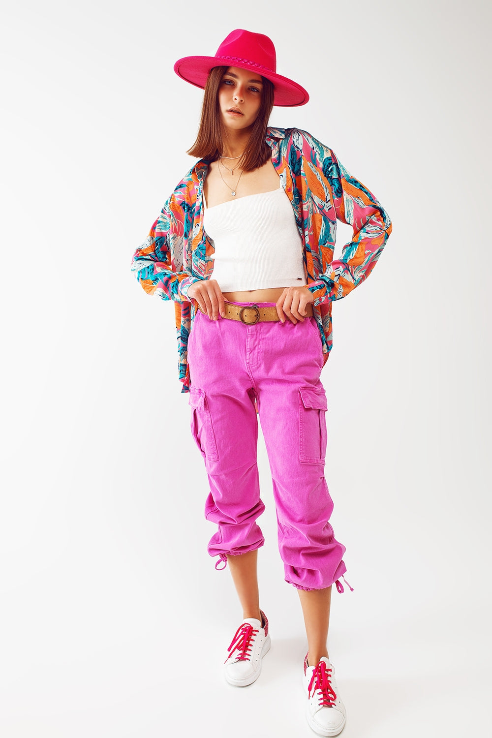 Cargo Pants with Tassel ends in Fuchsia - Coloured Jeans