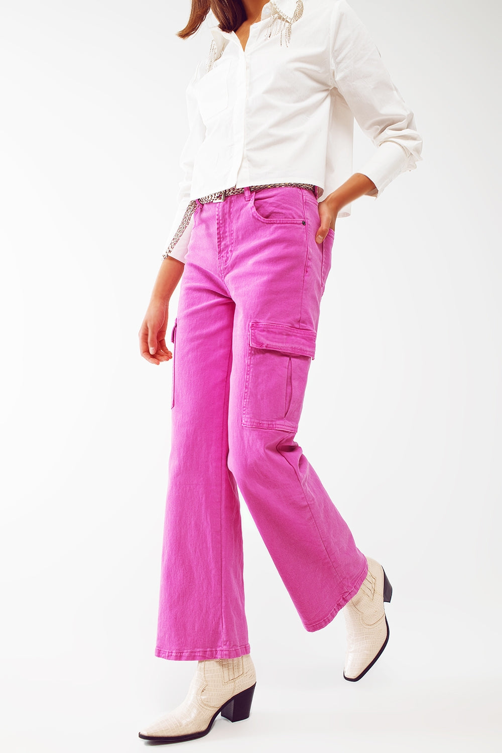 Straight Leg Cargo Jeans in Fuchsia - Coloured Jeans